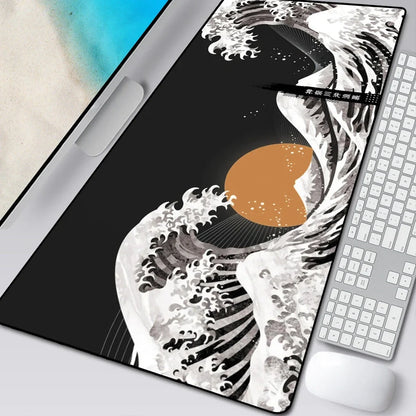 Natural rubber computer mouse pad with printed cloth surface and overlock stitching in multiple size options