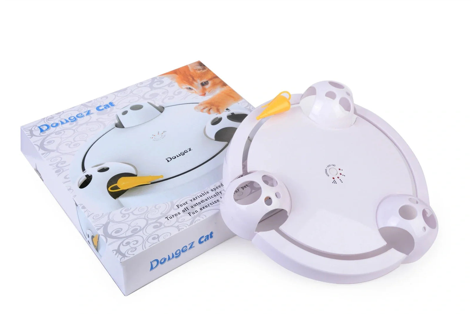 White automatic cat toy with 32cm rotating platform on hardwood floor