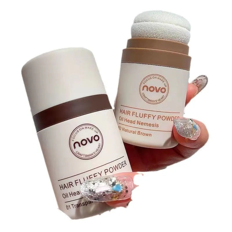 Mattifying oil control face powder container for hair bangs and hairline.