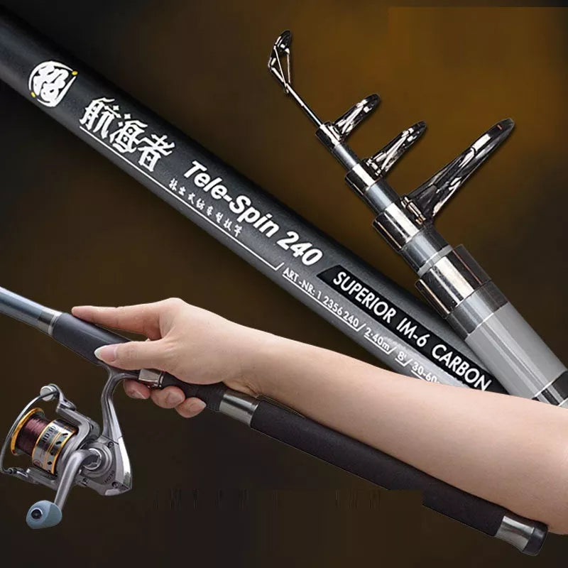 Stainless Steel Retractable Long-range Fishing Rod in black, lengths 2.4m to 3.6m