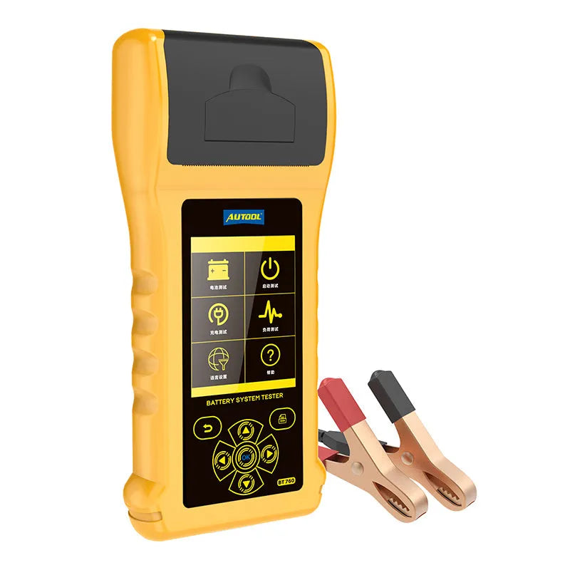 Autool BT760 vehicle battery tester with colour screen, clips, and thermal printer for 12V/24V diagnostics
