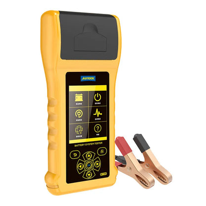 Autool BT760 vehicle battery tester with colour screen, clips, and thermal printer for 12V/24V diagnostics