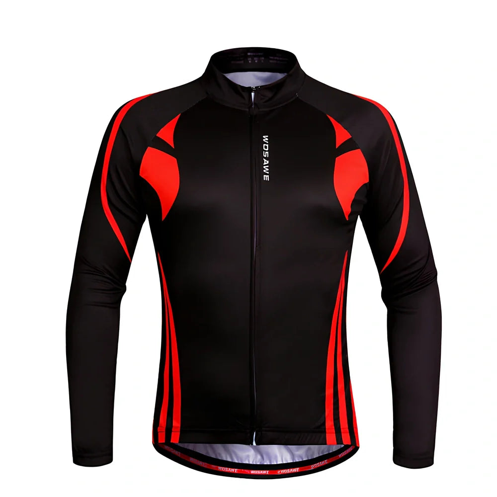 Long sleeve mountain bike cycling jersey in black white with breathable mesh underarms and reflective back for night rides, sizes S-XXL