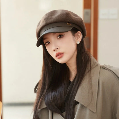 Stylish octagonal leather cap in black, gray, caramel, coffee, and milky white colors with breathable and windproof design