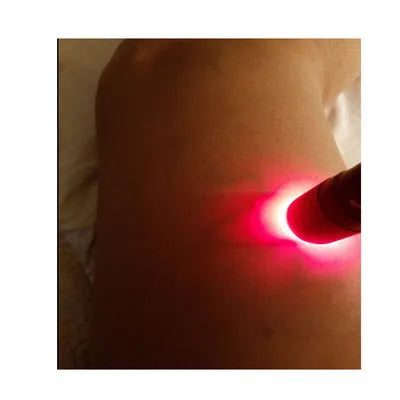 Black aluminium Smart Vein Locator handheld device with red LED light on, showing compact size.