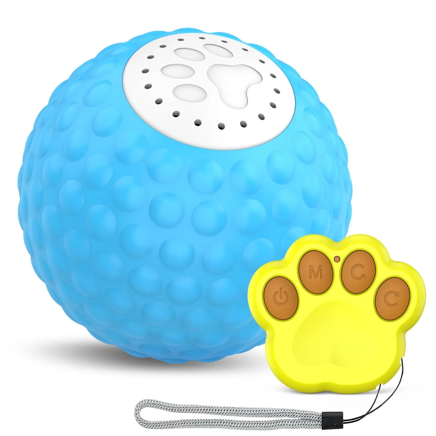 Blue remote control interactive rolling ball cat toy with sound effects on a carpet.