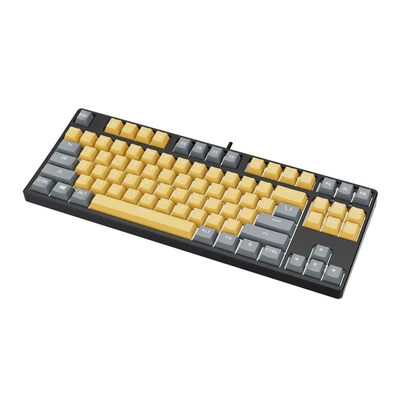 87-key mechanical keyboard with two-tone coloured keycaps on metal case
