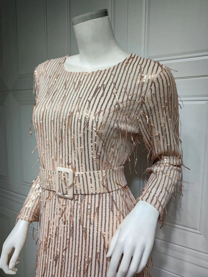 Sequin Tassels Slim-fit Muslim Dress in gold and silver with unique detailing