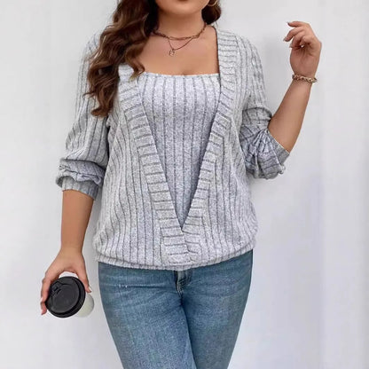 Solid colour rib fabric V-neck long sleeve false two-piece suit in loose fit with regular sleeves