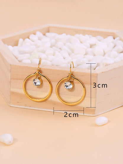 Titanium steel circle earrings with zirconia inlays, gold tone, unisex U-shape geometric and zodiac styles