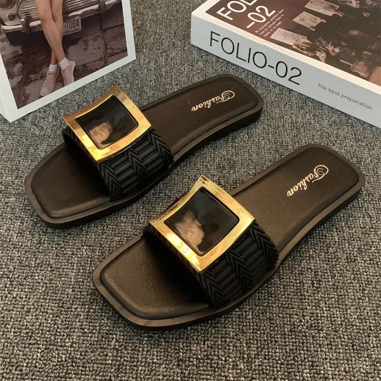 Women's summer flat slippers in apricot, black, and khaki colours with PVC non-slip soles