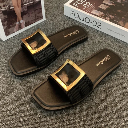 Women's summer flat slippers in apricot, black, and khaki colours with PVC non-slip soles