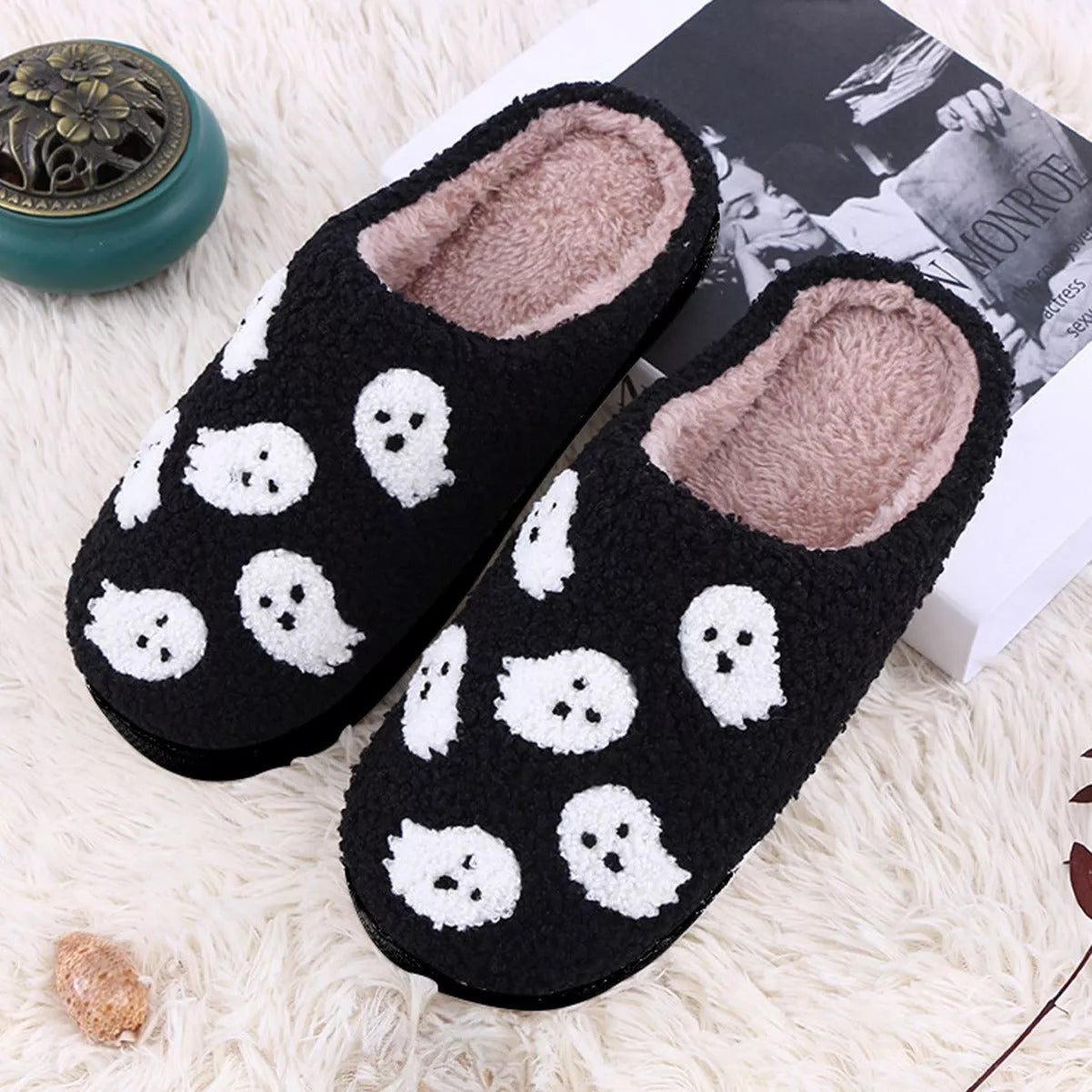 Halloween-themed indoor house shoes with spider ghost design, non-slip sole, and plush lining