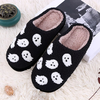 Halloween-themed indoor house shoes with spider ghost design, non-slip sole, and plush lining