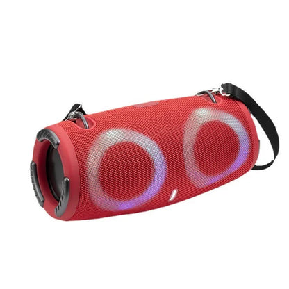 War Drum Bluetooth speaker in blue with RGB coloured lights, showing waterproof design and included strap for portable use