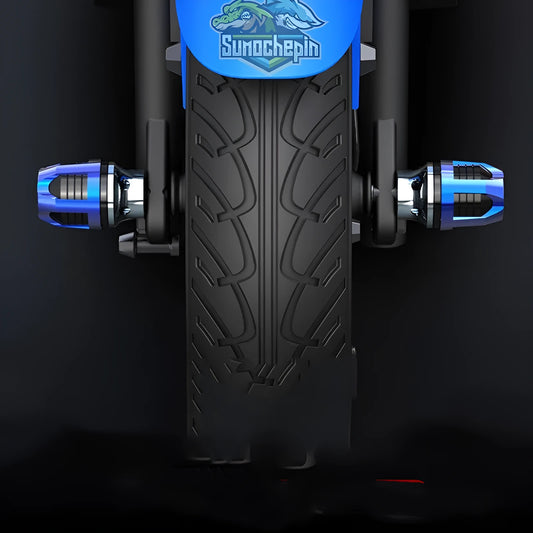 A pair of aluminium alloy fork cups with an anodised coloured finish, for motorcycle or electric car front axles.