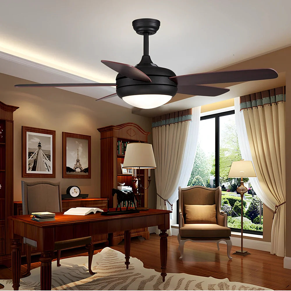 Wood blade ceiling fan with glass lampshade in black finish, 46cm diameter