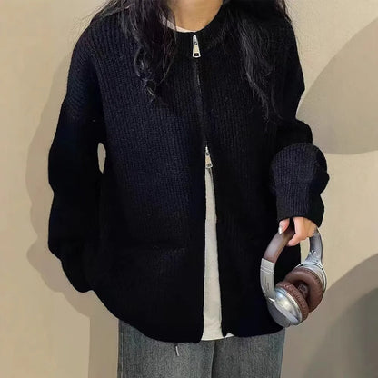 Long-sleeve viscose fibre sweater coat in beige, grey, black, or khaki, showing cardigan style and size options