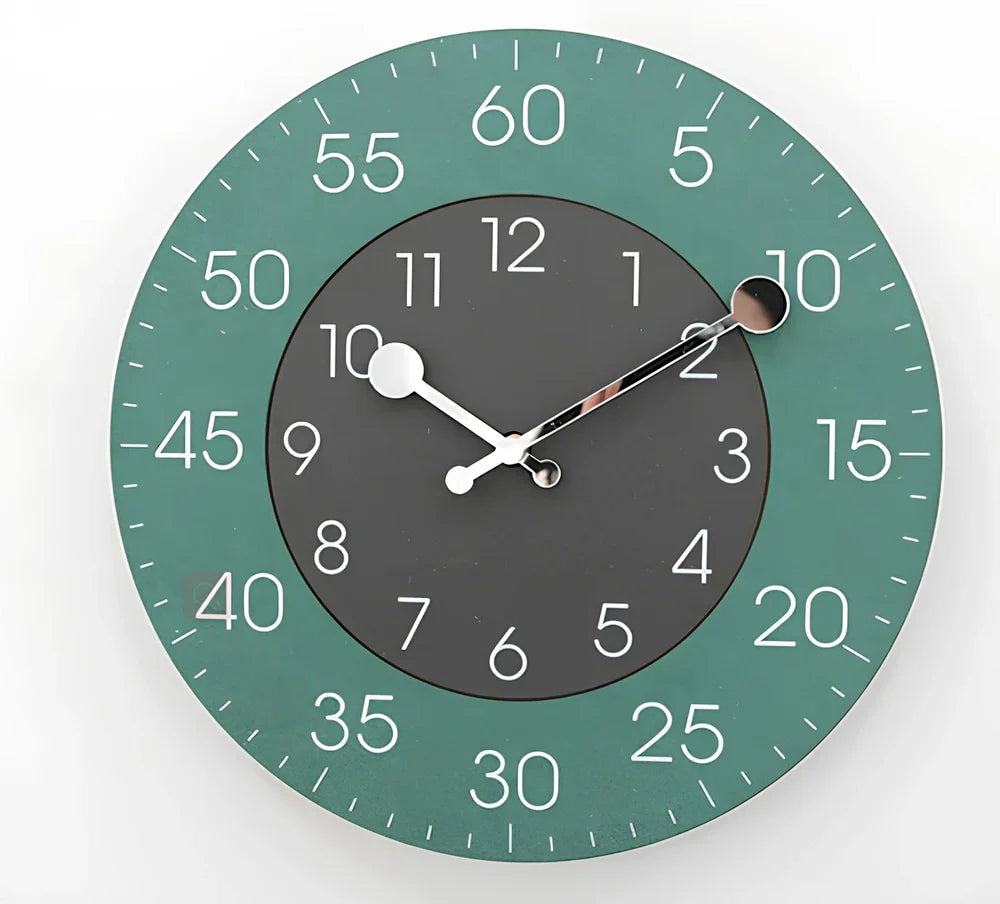 Round decorative wall clock with 30cm diameter in blue, green, grey, orange, red, or yellow colour options
