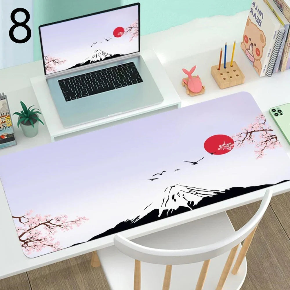 Large gaming mouse mat with printed design on rubber base, multiple size options from 300x600mm to 400x900mm