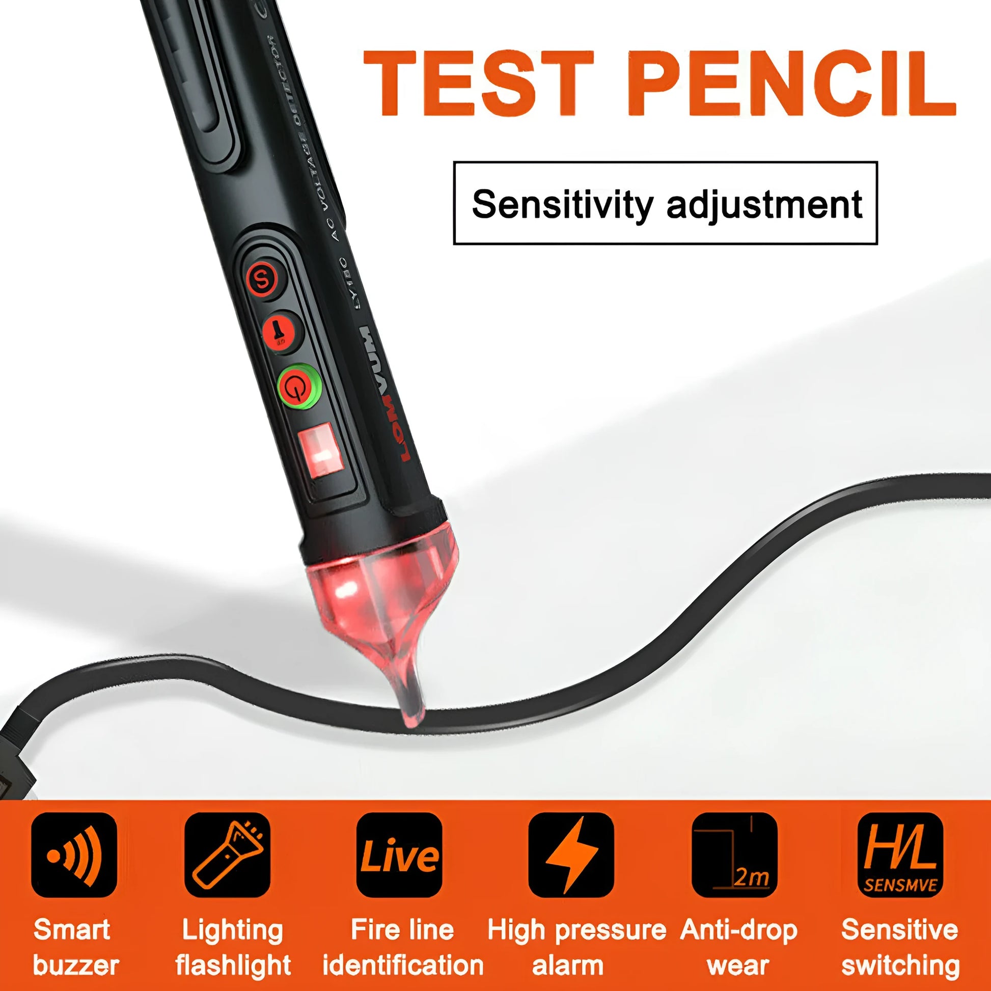 Black voltage detection pen with sensor tip for electrical line testing and status identification