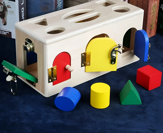 Wooden shape sorting lock box preschool educational toy set with multiple pieces