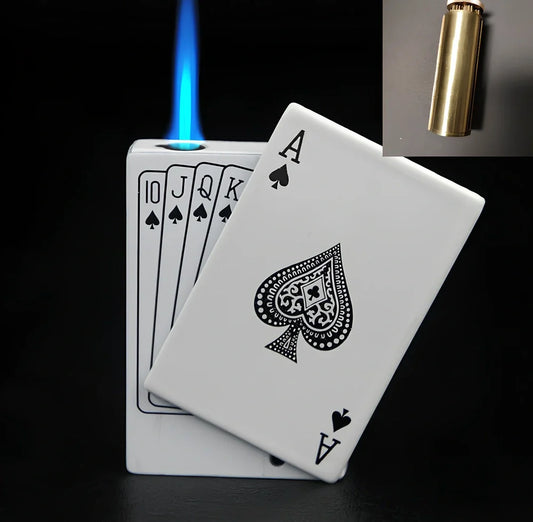 Metal poker gas lighter keychain with direct punch king design, 6cm length, attached ring for keys