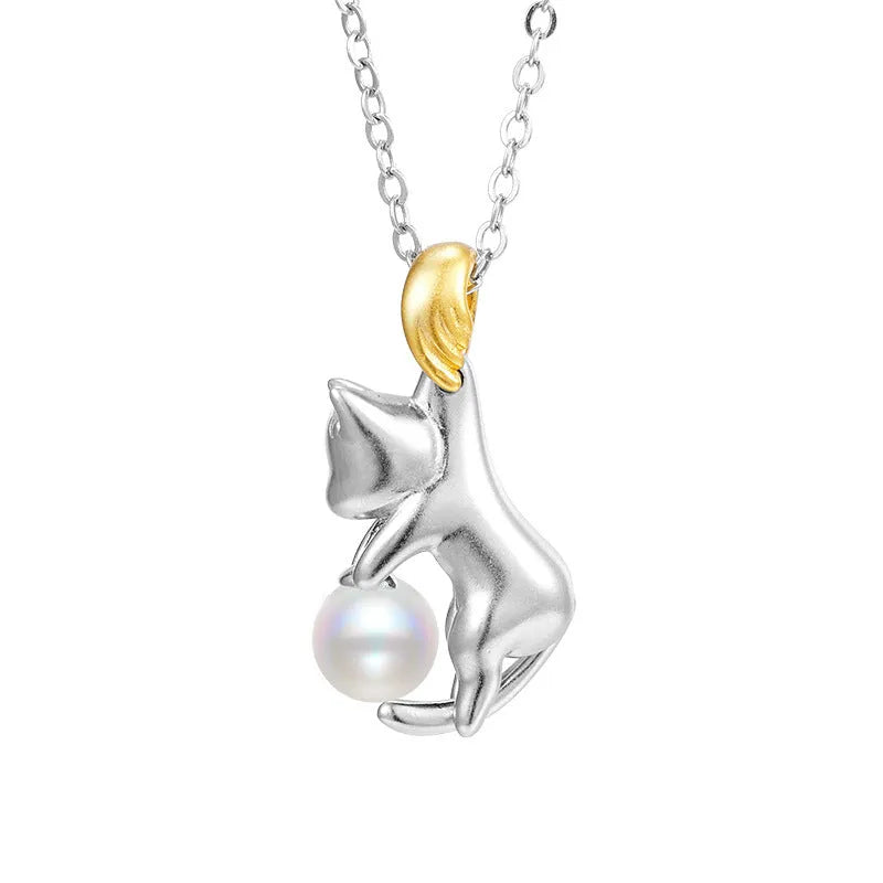 925 sterling silver clavicle chain with cat charm and electroplating for durability