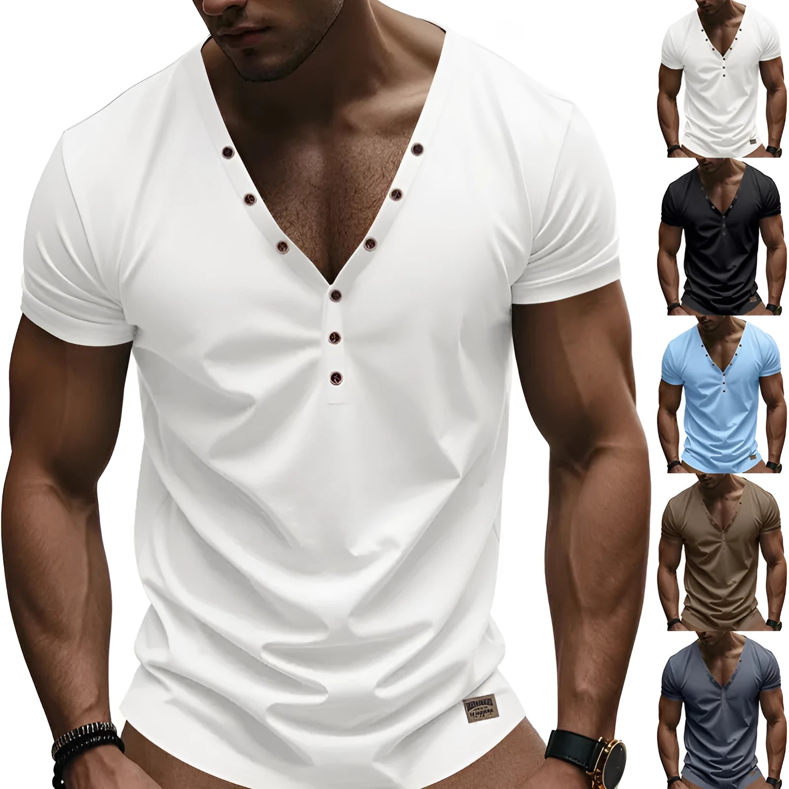 Men's loose V-neck pullover top with button detail in a solid colour.