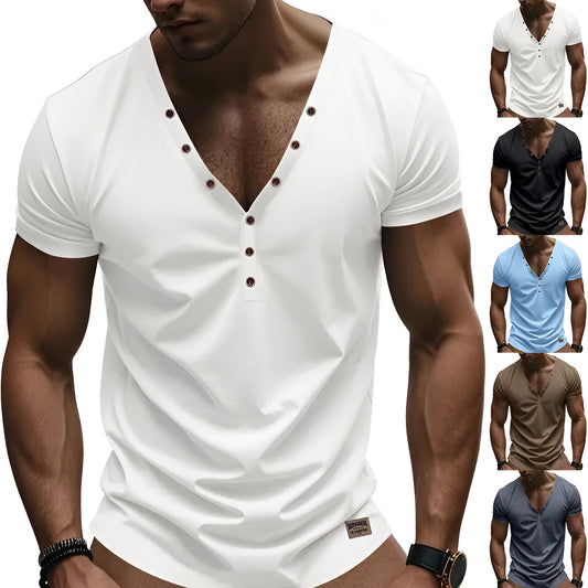 Men's loose V-neck pullover top with button detail in a solid colour.