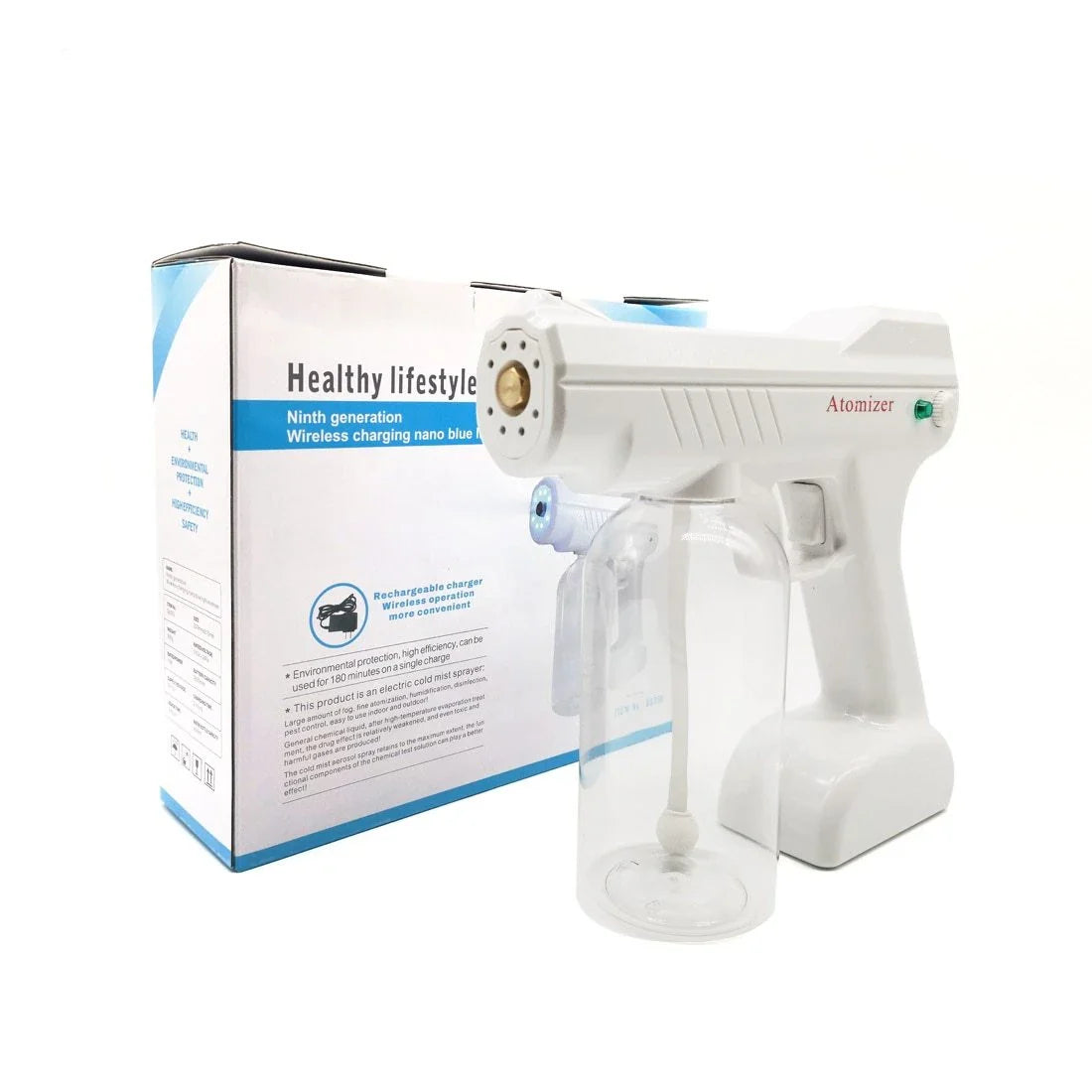 Cordless atomizing disinfectant sprayer with adjustable mist output, long-lasting battery, and durable brass nozzle for efficient sanitization