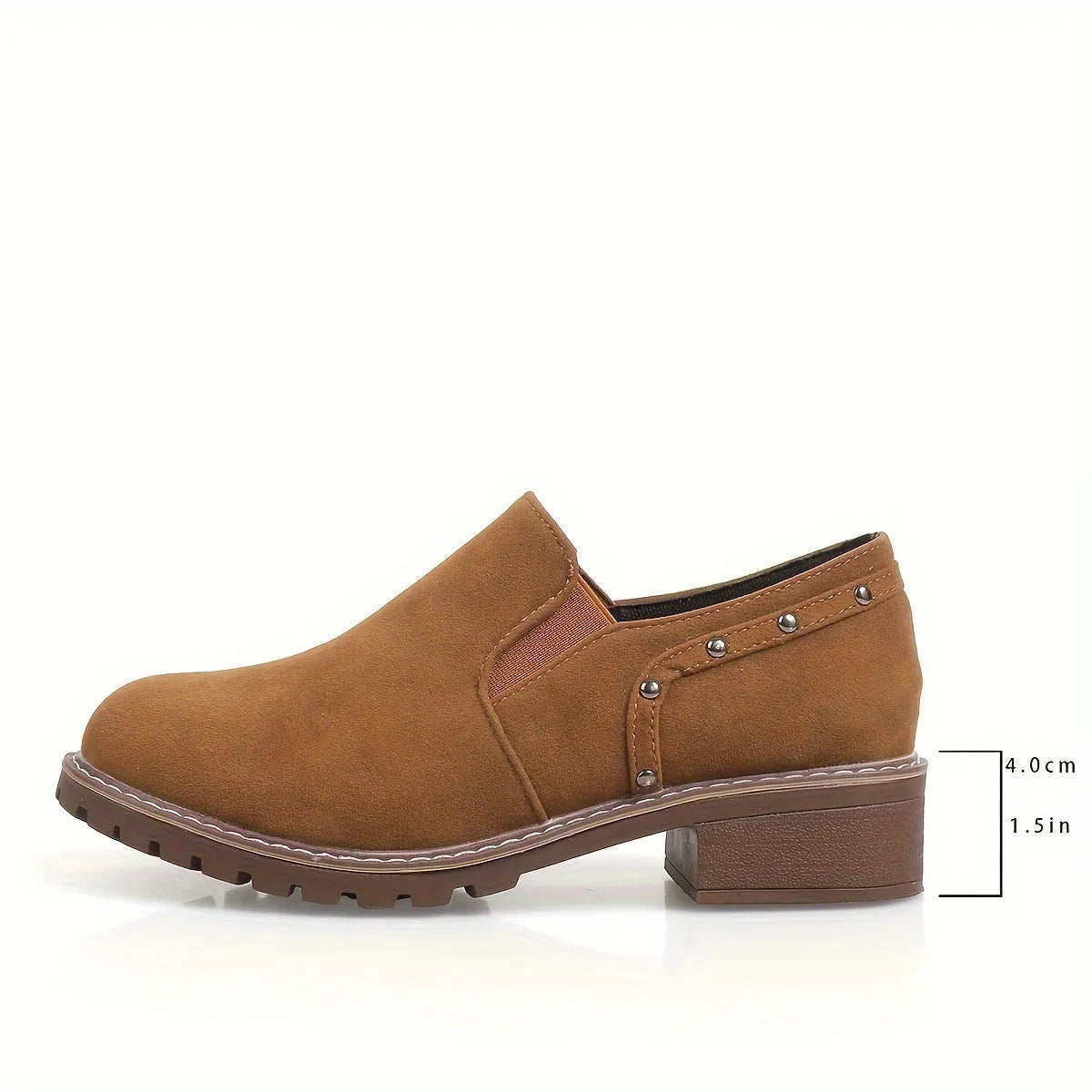 Light brown plus size women's suede ankle boots with a thick low heel and elastic band side closure.