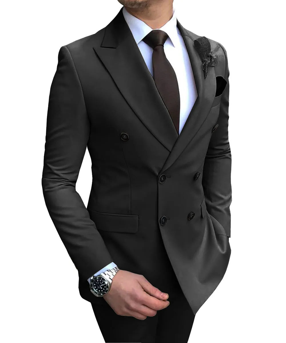 Men's two-piece slim fit wedding suit with straight collar and side slits, available in 15 colours and sizes XS to 5XL.