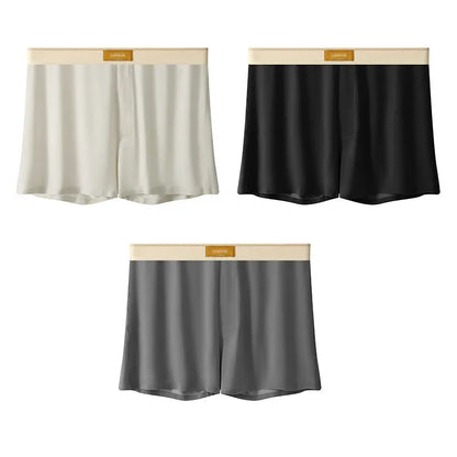 Men's loose-fit Ice Silk nylon underwear in a three-pack, showing colour options like black, green, and grey.