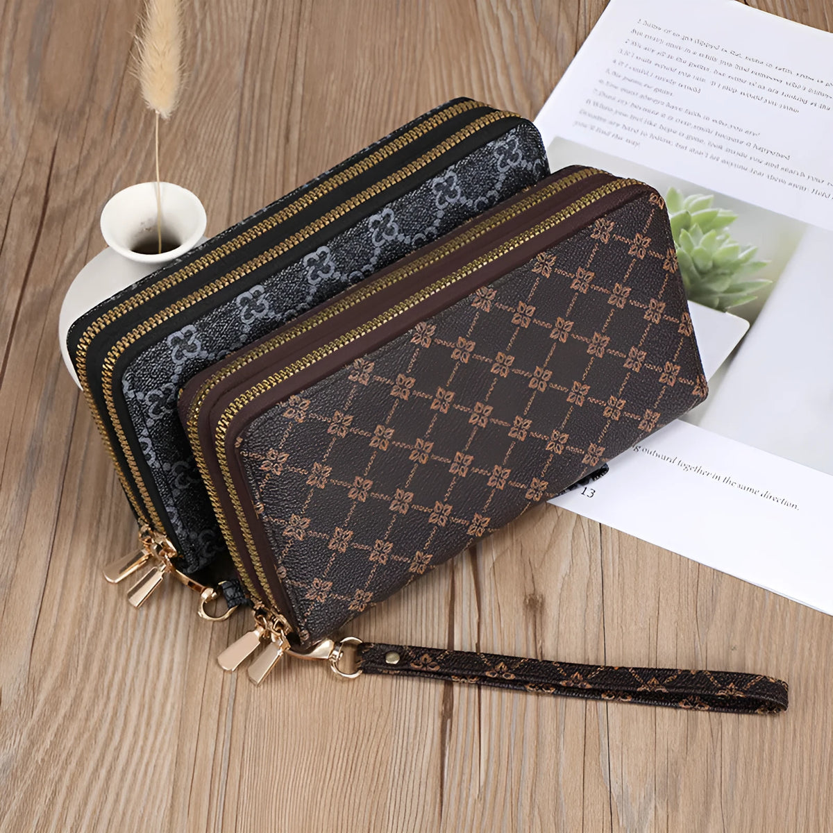 Long black retro-style PU leather wallet clutch with a printed pattern, showing a mobile phone pocket and a zippered coin purse.