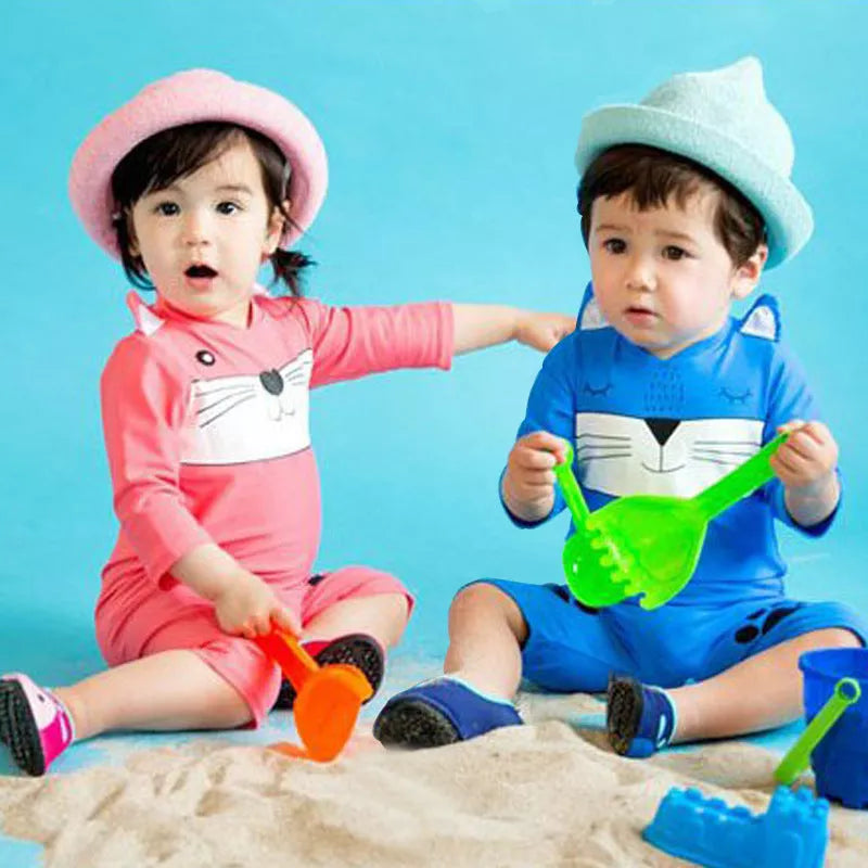 Warm swimwear for infants and toddlers with high elasticity, available in pink and blue