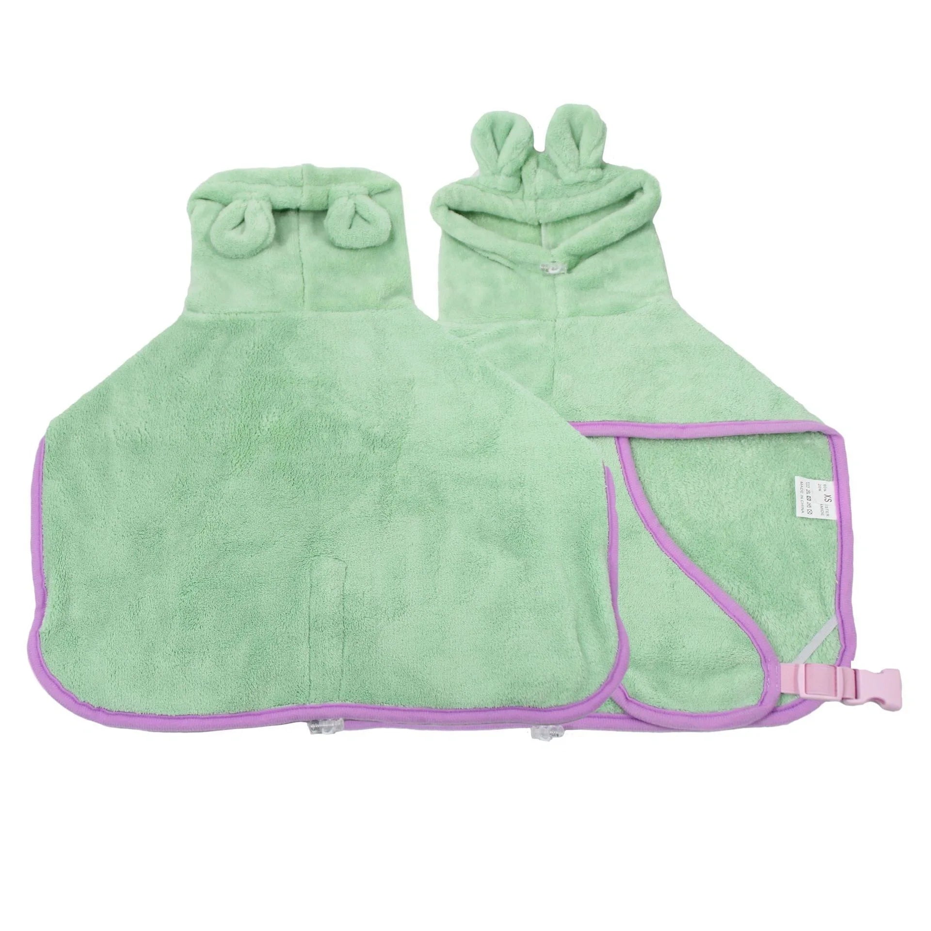 Adjustable quick-dry dog bathrobe in coral fleece, available in pink, violet, light green, and pumpkin style