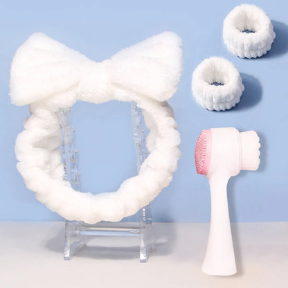 Facial brush set with coral fleece hair band and 4-count nylon brush heads in purple, gray, white, pink colours