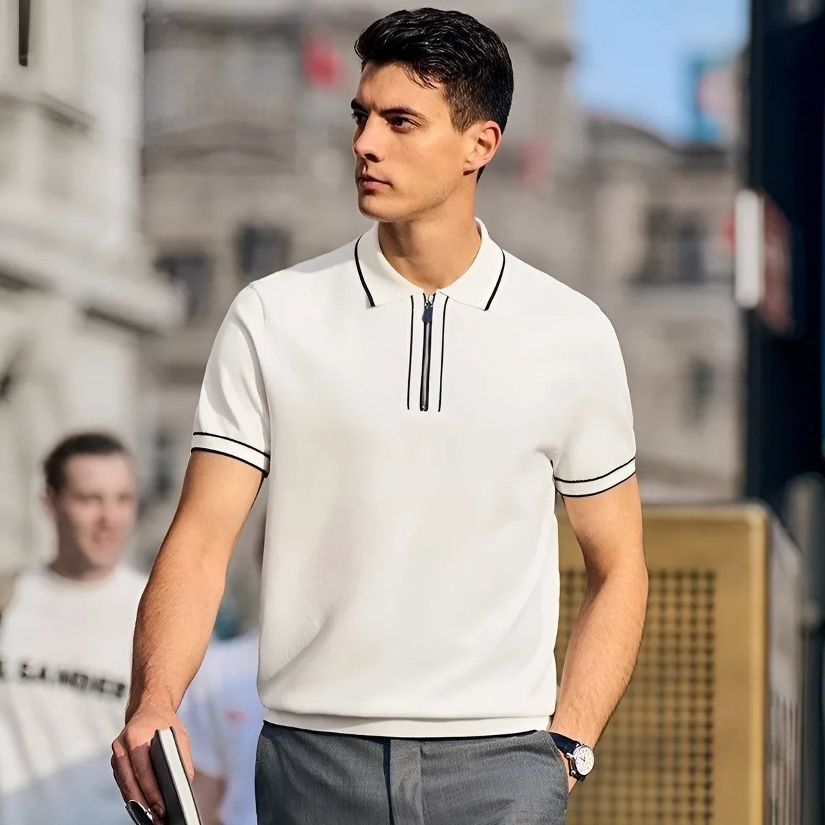 Men's casual zipper polo shirt, short sleeve cotton blend top, white or black, sizes M to XXXL
