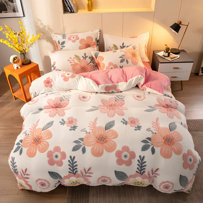 Four-piece velvet bedding set with quilt cover, bed sheet, and pillowcases for 1.8m bed in Bunny colour