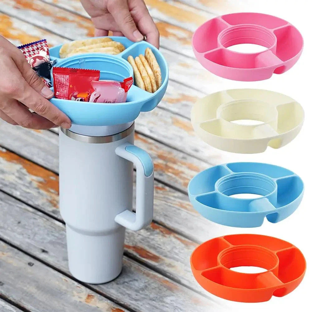 Versatile Silicone Snack Tray with four compartments, designed to attach to 40oz Stanley cups for convenient on-the-go snacking
