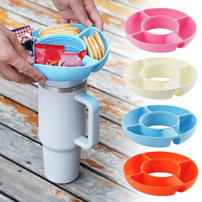 Versatile Silicone Snack Tray with four compartments, designed to attach to 40oz Stanley cups for convenient on-the-go snacking