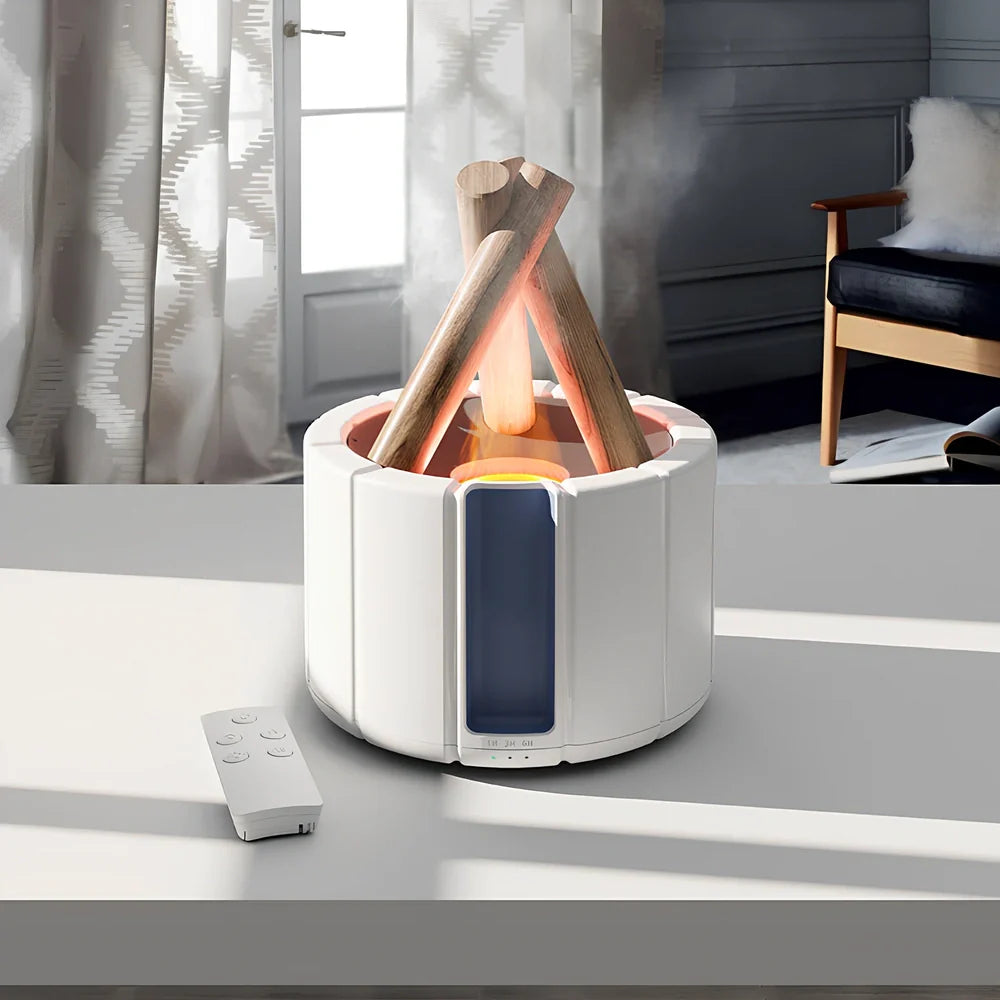 White H9 flame simulation humidifier with 280ml tank on desk, showing ultrasound mist and LED flame effect for aromatherapy