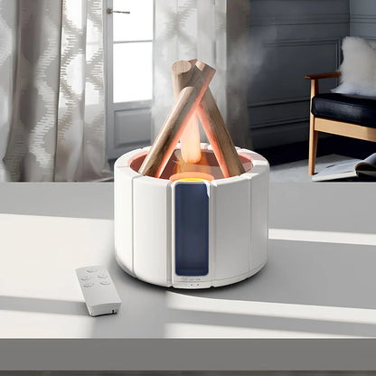 White H9 flame simulation humidifier with 280ml tank on desk, showing ultrasound mist and LED flame effect for aromatherapy