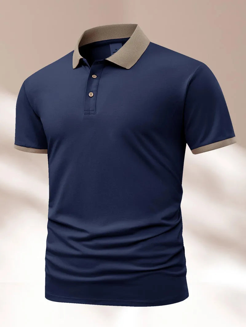 Summer polo shirt in ice silk fabric with printed flocking design on front, short sleeves