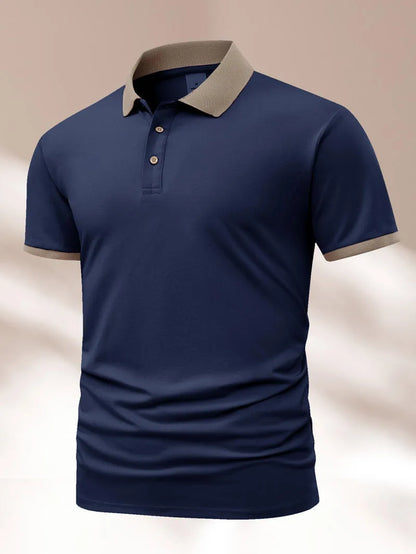Summer polo shirt in ice silk fabric with printed flocking design on front, short sleeves