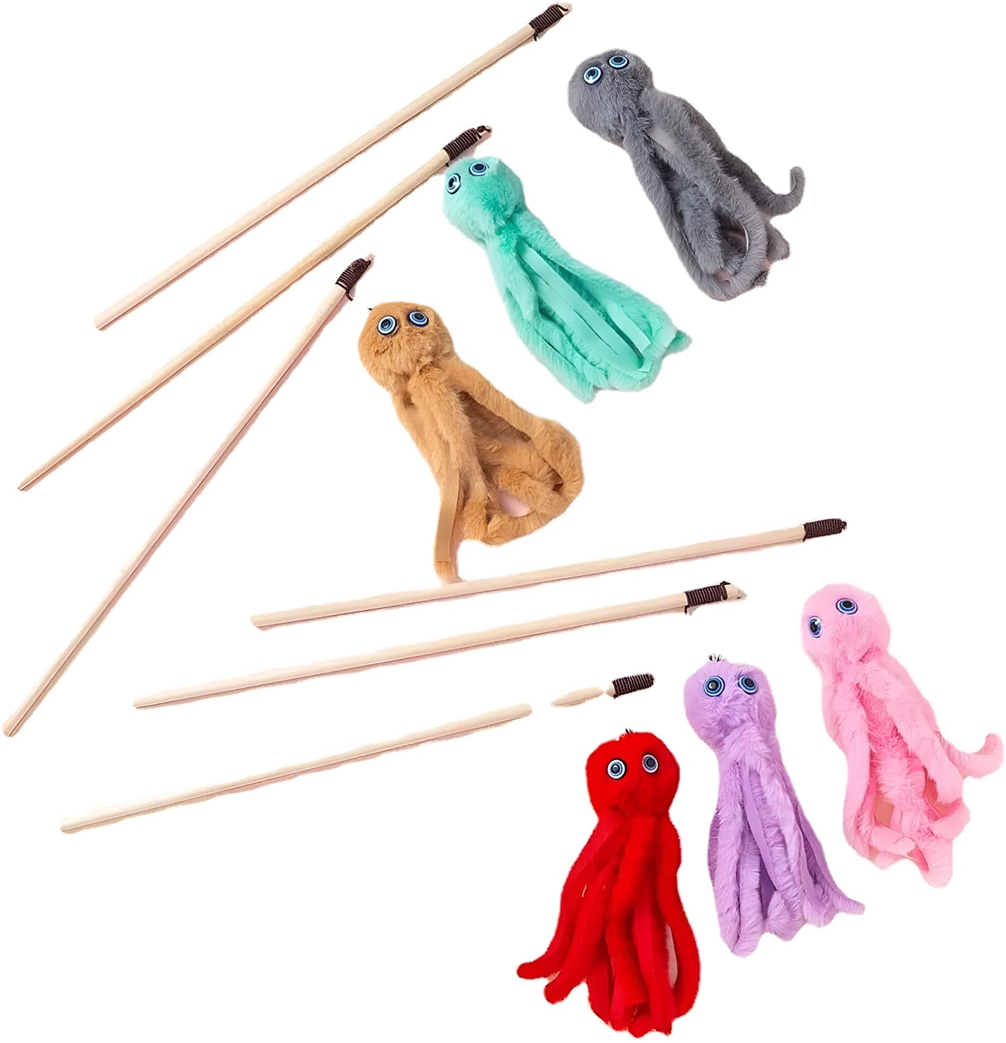 Long stick cat toy with furry octopus attachment and eyes in assorted colours