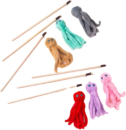 Long stick cat toy with furry octopus attachment and eyes in assorted colours