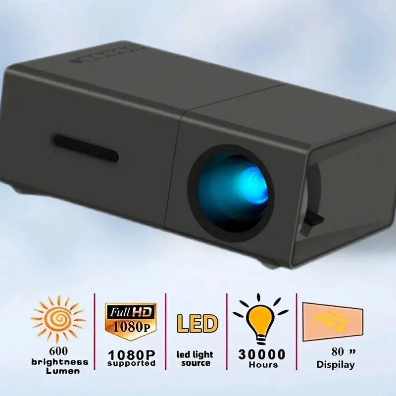 M100 Mini Projector in white or black with 100-inch screen, remote control, and cables for home cinema setup