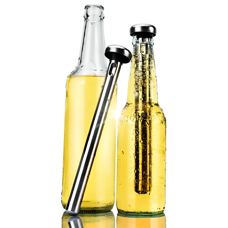 Stainless steel wine cooling rod with integrated pourer that chills wine to ideal drinking temperature in minutes and maintains cooling for 35-45 minutes using food-grade materials